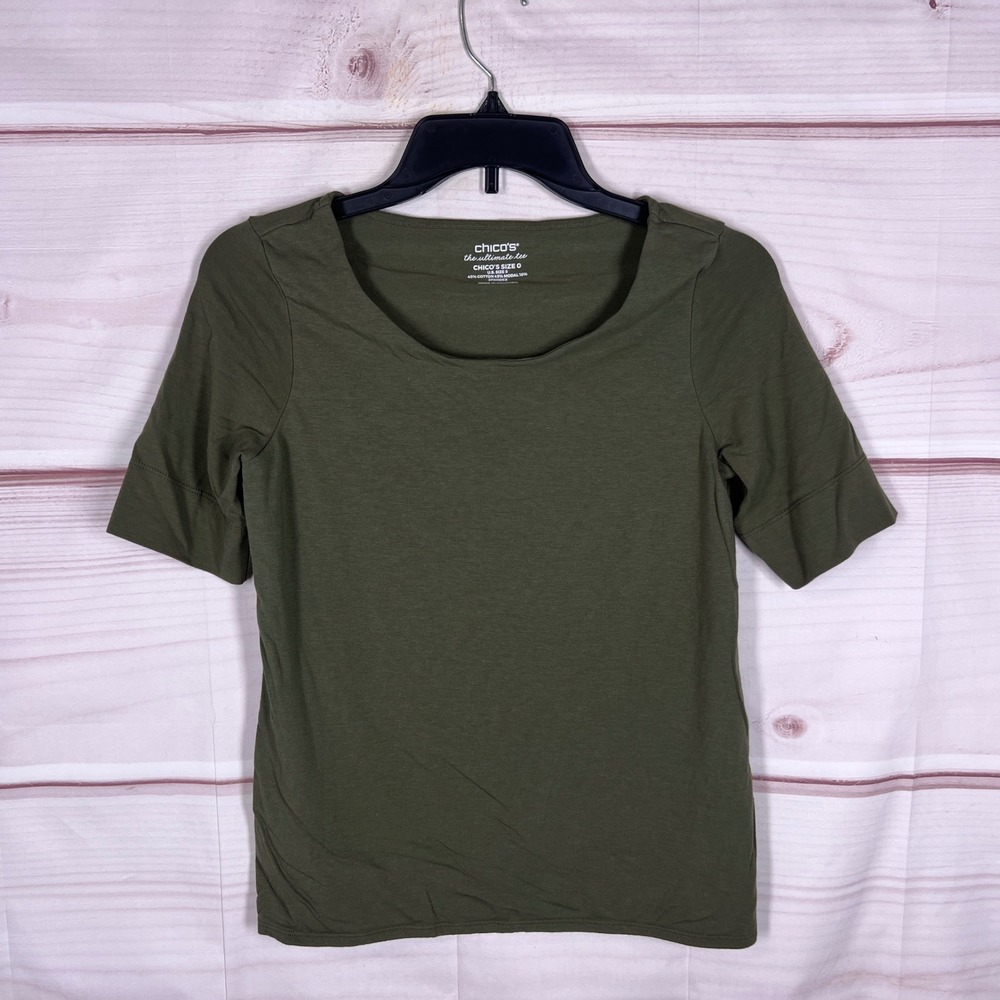 Chico's The Ultimate Tee Womens Size 0 S Green Solid Scoop Neck Short Sleeve Top